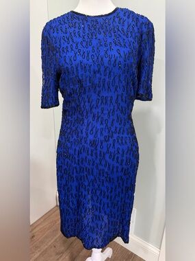 Vintage Silky Nites 100% Silk Beaded Cocktail Dress Blue 90s Evening Party Small